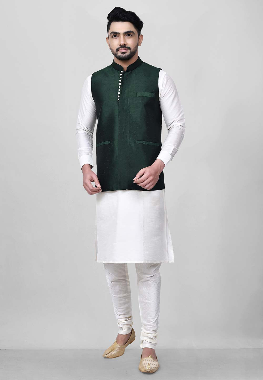 Dark Green Kurta Pajama White Shalwar Kameez With Green Waistcoat