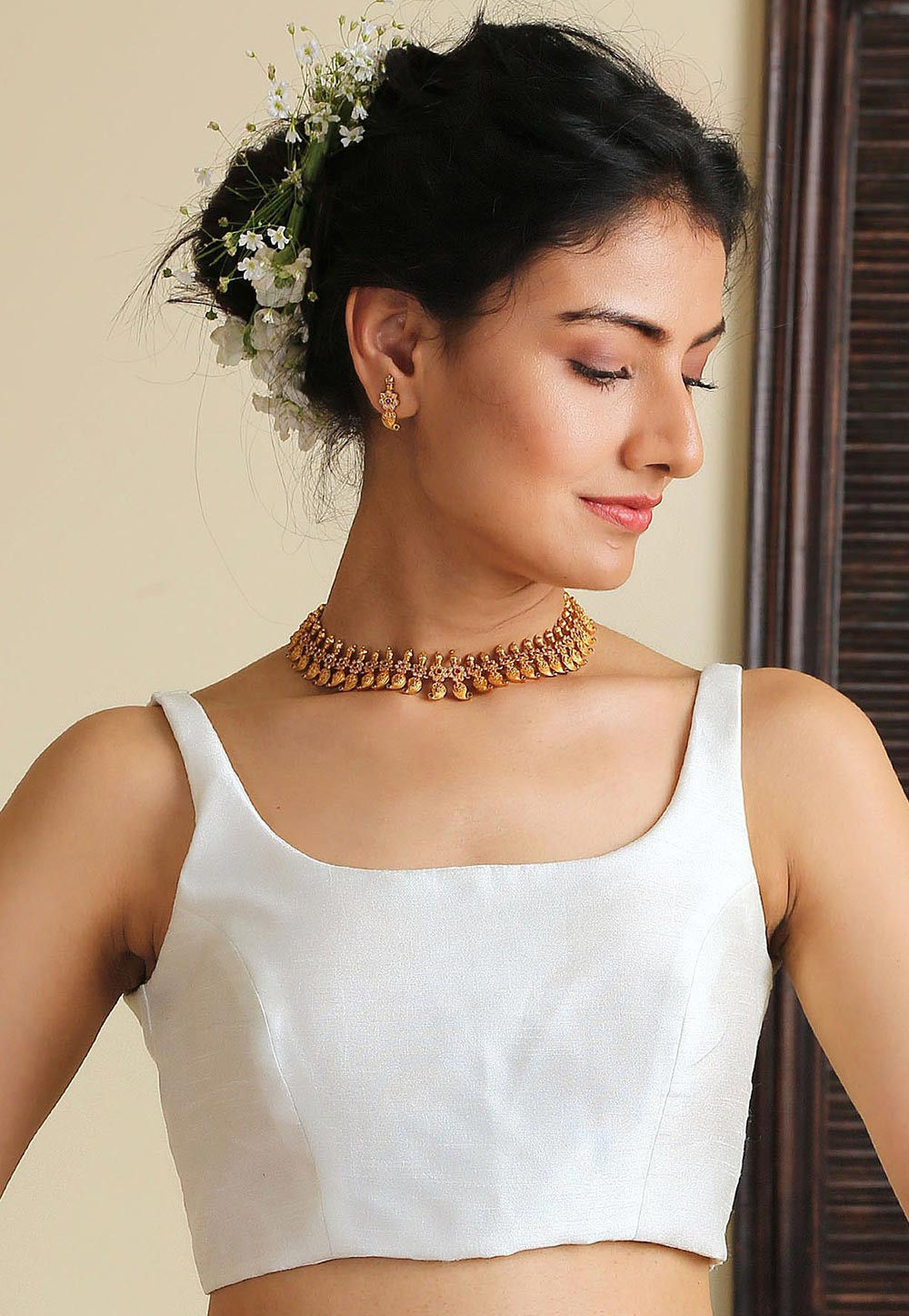 Solid Color Dupion Silk Blouse in White 