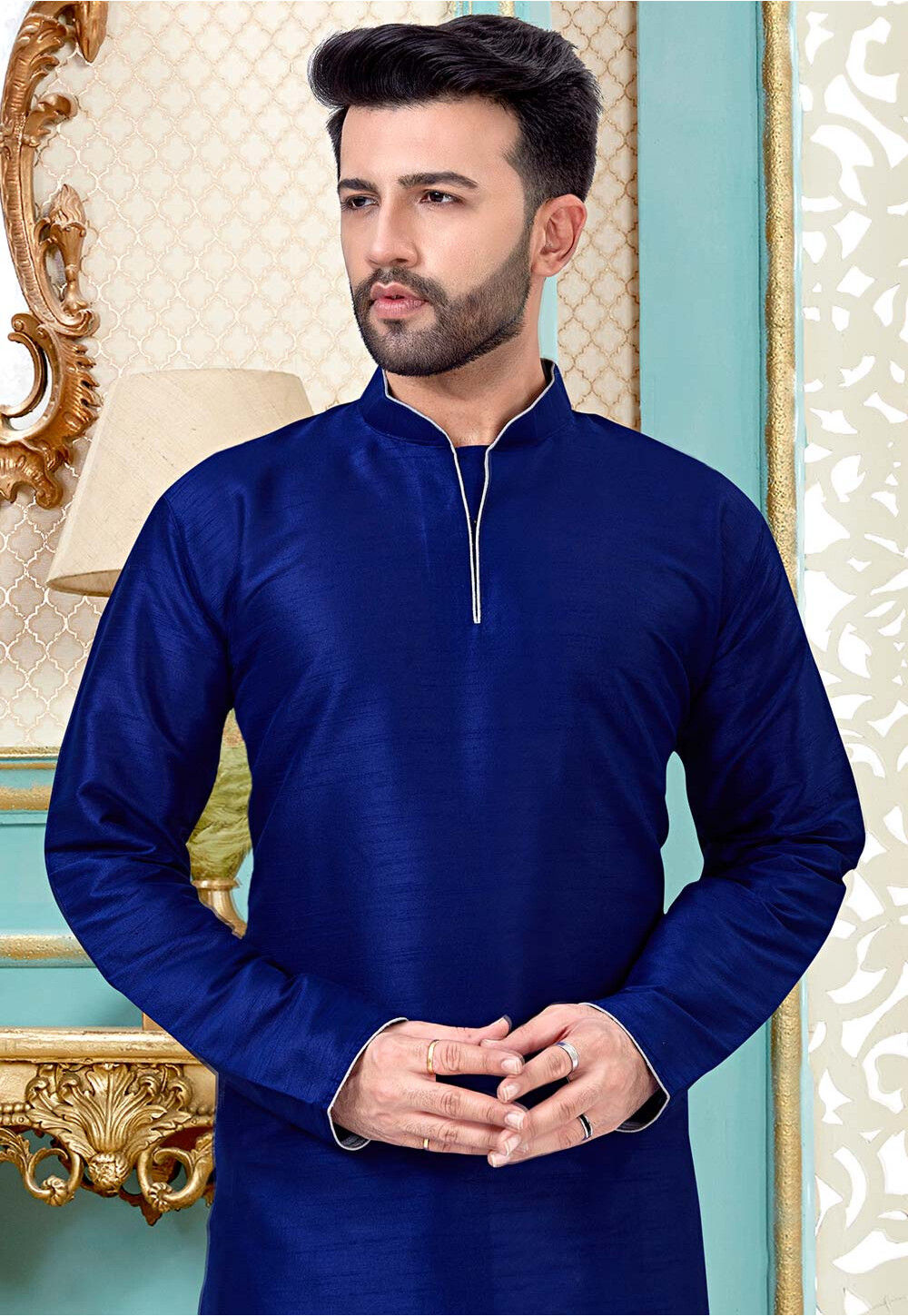 Blue Kurta Dupion Silk Dhoti