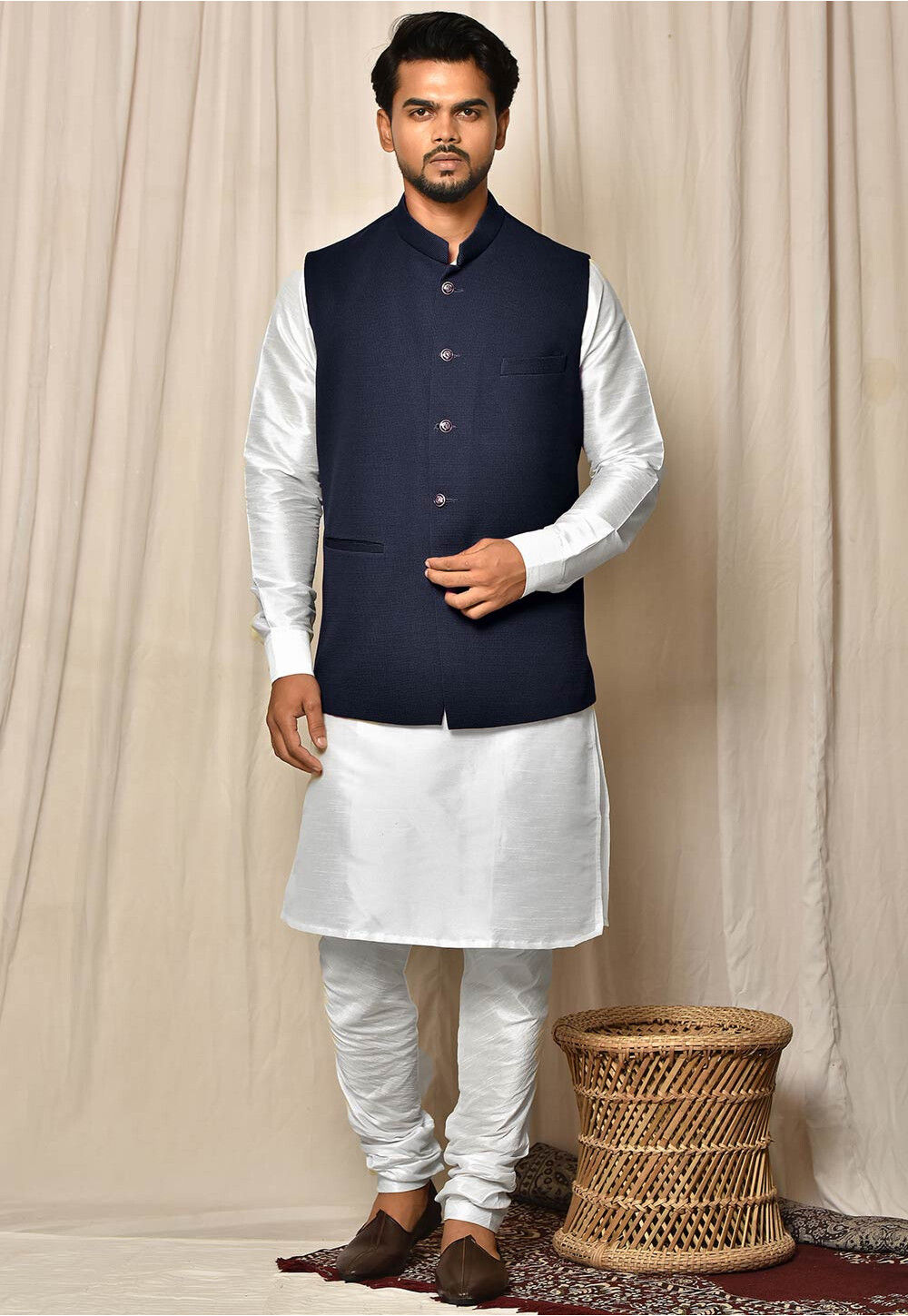 Classy Printed Kurta set with Nehru Jacket- Rent