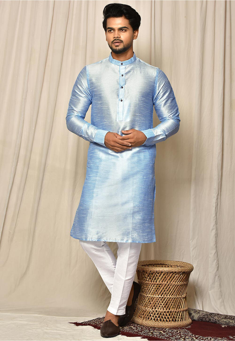 Sky Blue Kurta Pajama Dhupion Silk