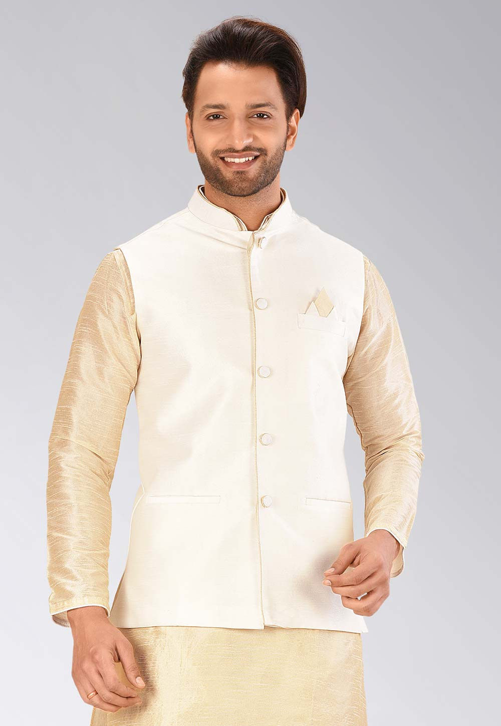 Mens Cream Color Silk Kurta Pajama With Brocade Nehru Jacket –  ShopBollyWear.Com