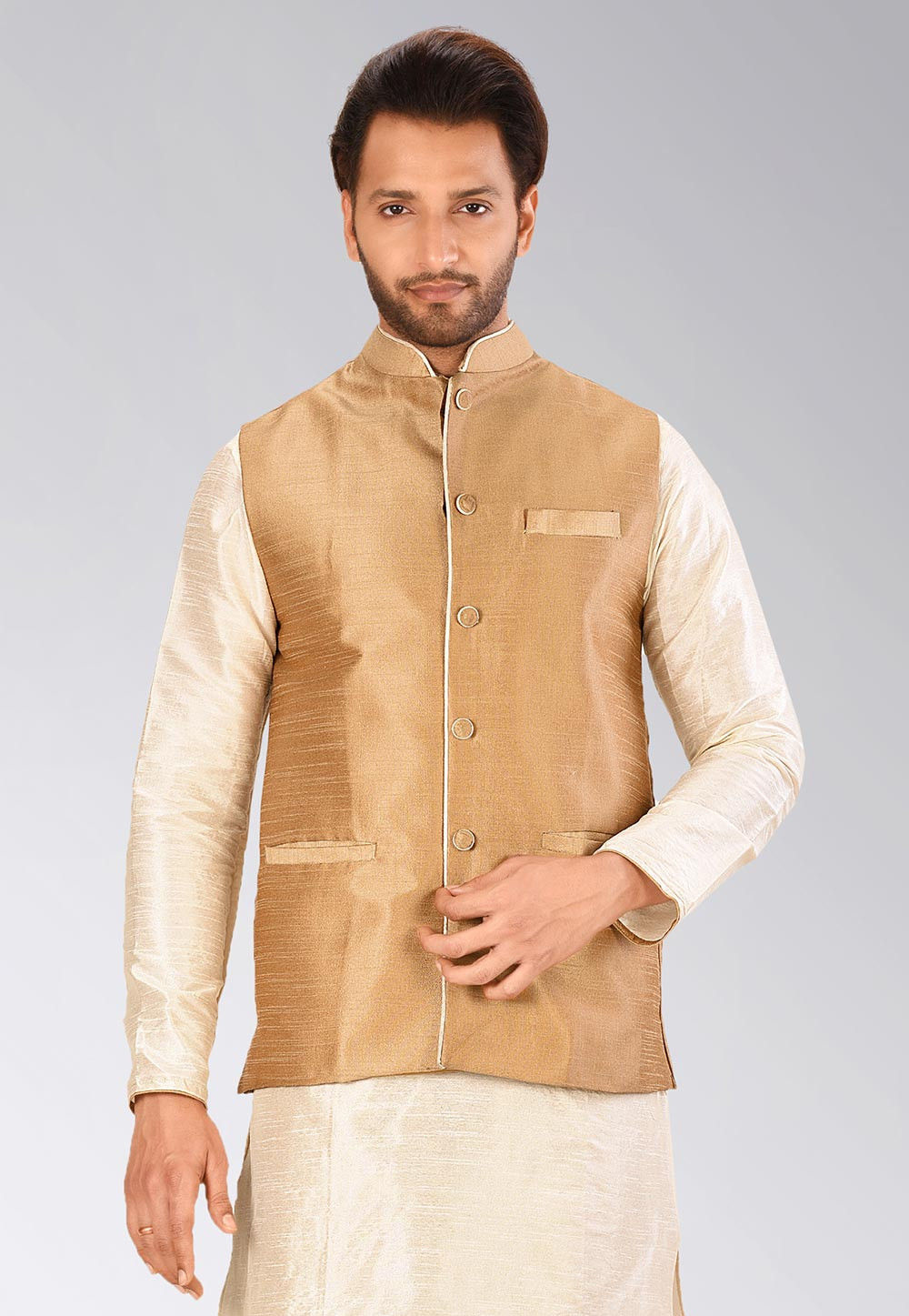 Solid Color Dupion Silk Nehru Jacket in Dark Beige : MLC733