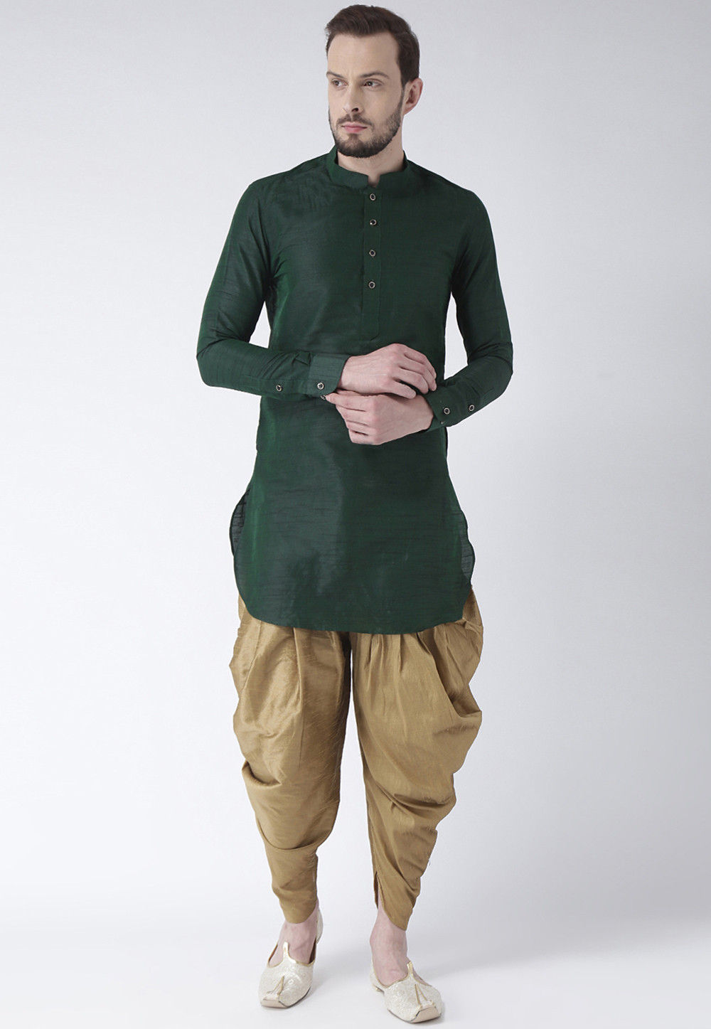 Buy Solid Color Dupion Silk Short Dhoti Kurta in Dark Green Online ...