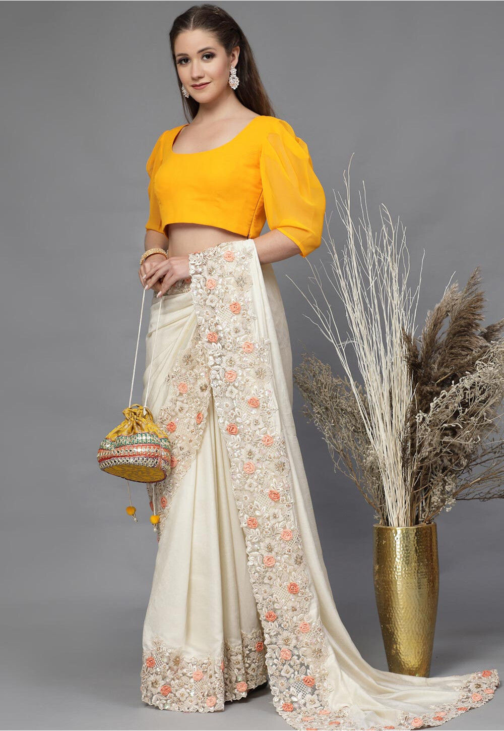 Buy Solid Color Georgette Back Cut Out Blouse in Mustard Online ...