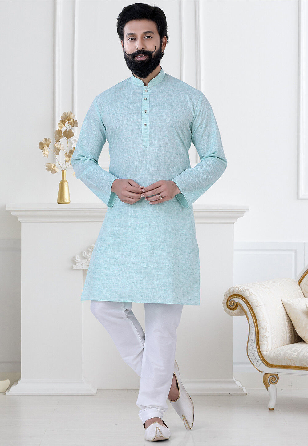 Buy Solid Color Linen Kurta Set in Sky Blue Online : MUY613 - Utsav Fashion