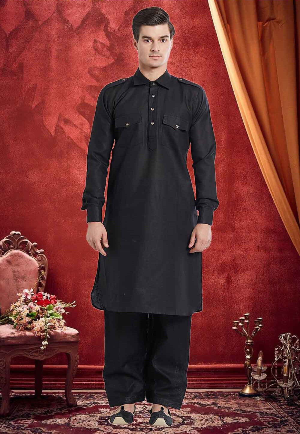 Black Colour Mens Pathani Kurta Pajama in Cotton Fabric.
