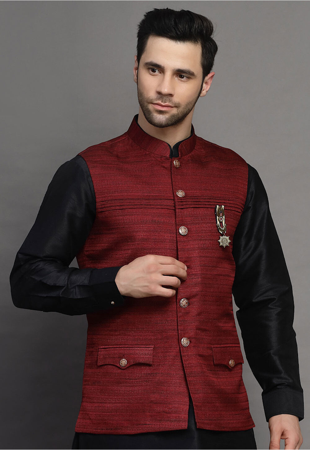 Umber Maroon Textured Premium Wool-Blend Wedding Nehru Jackets For Men.