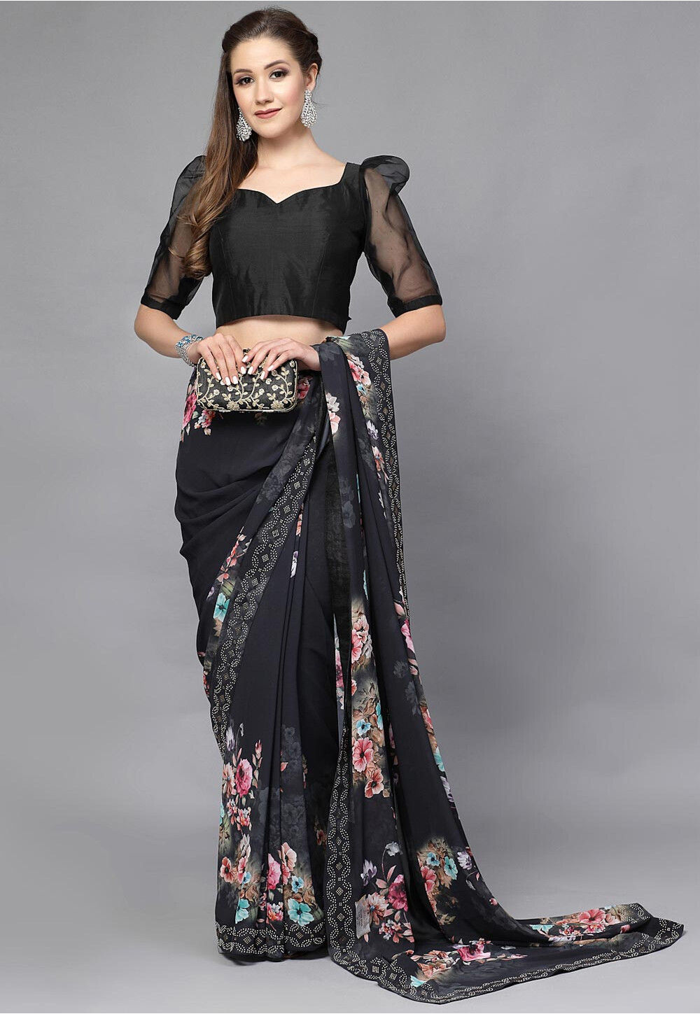 Ozai Arte Black Blouse with Crystal Pleat Back Detail