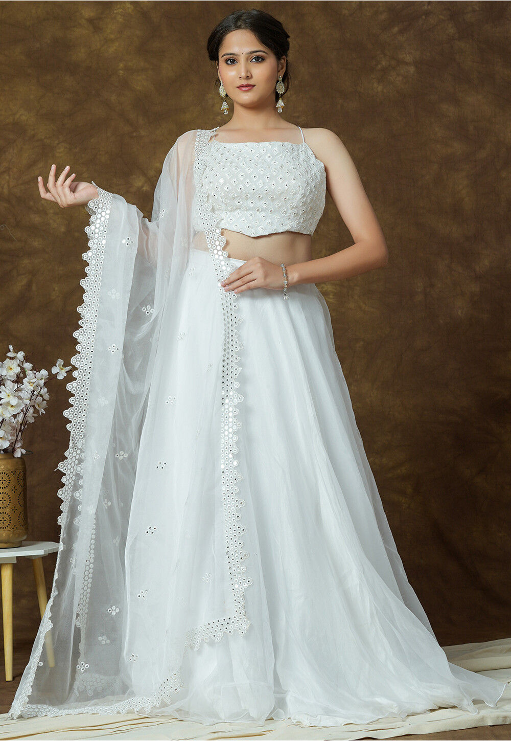 Raag Shuddh Sarang (Handpainted White Pure Organza Lehenga)
