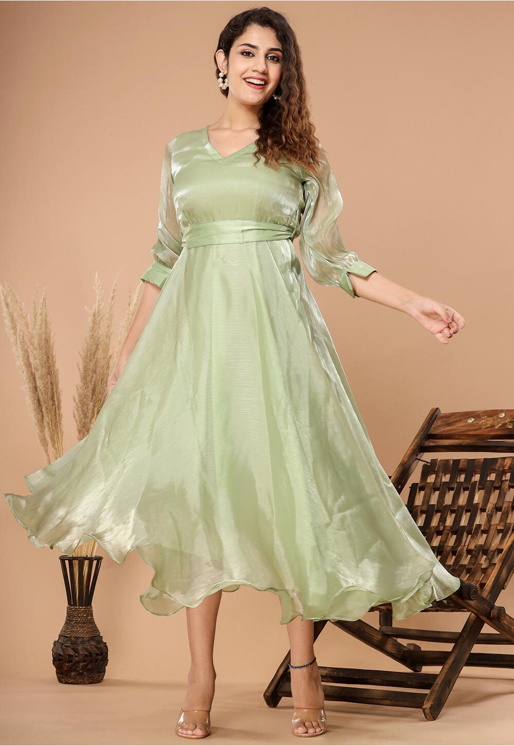 Light Green Color Chanderi Dress Material