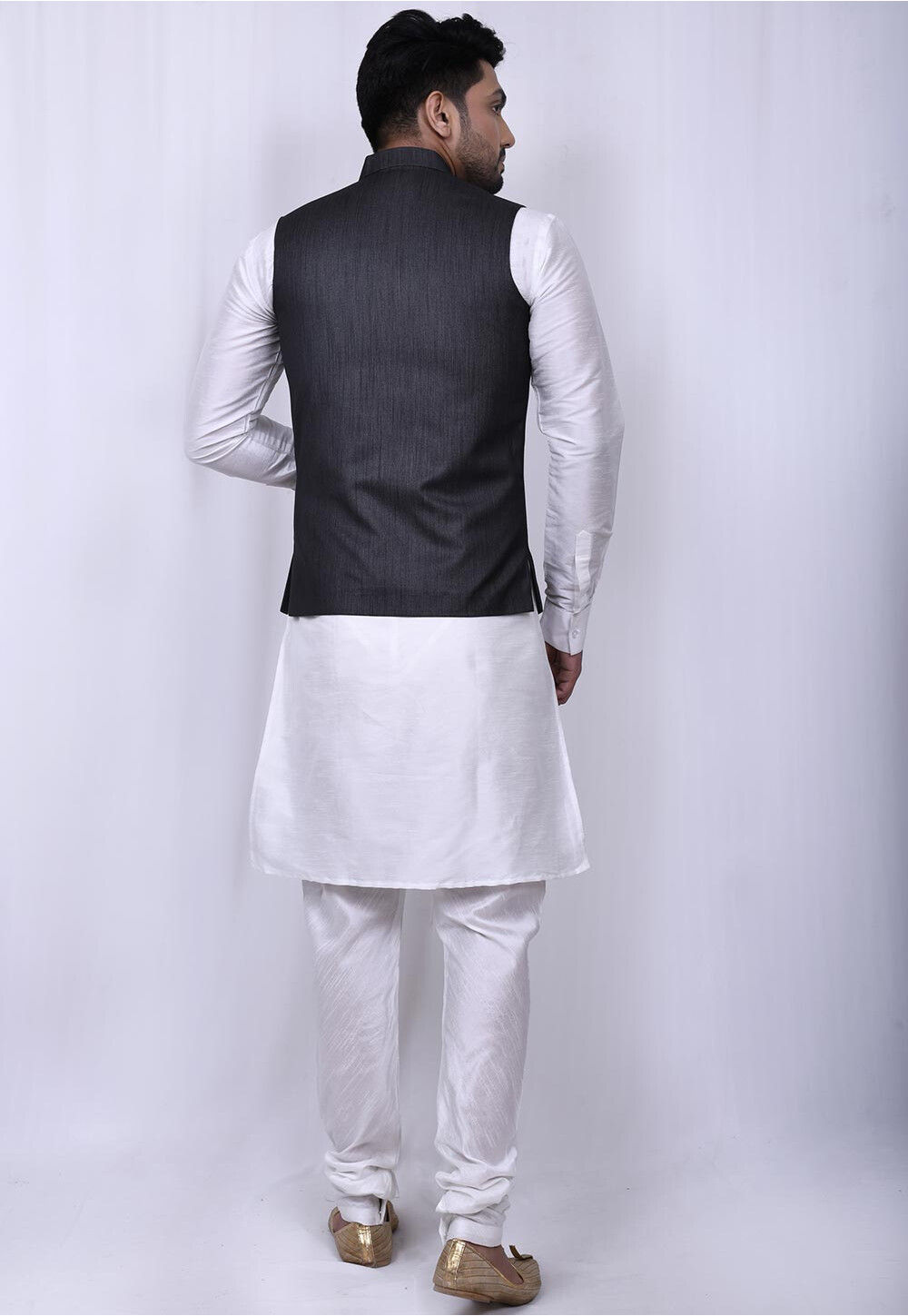 Buy Solid Color Pashmina Nehru Jacket in Charcoal Black Online ...
