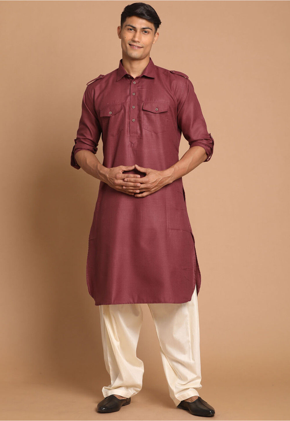 Buy Solid Color Cotton Pathani Suit in Maroon Online MTR3067 Utsav Fashion