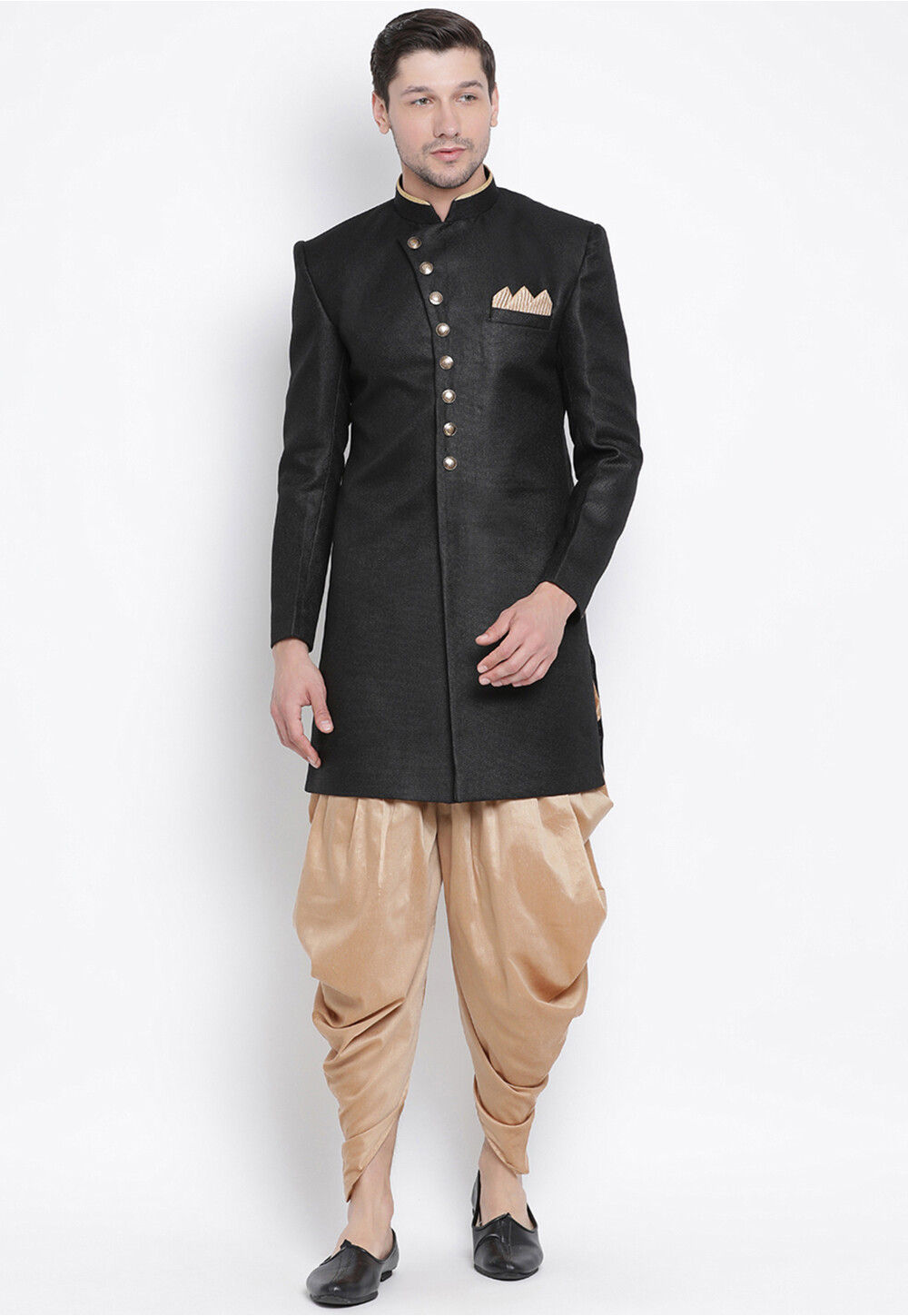 Solid Color Polyester Dhoti Sherwani in Black : MTR2440