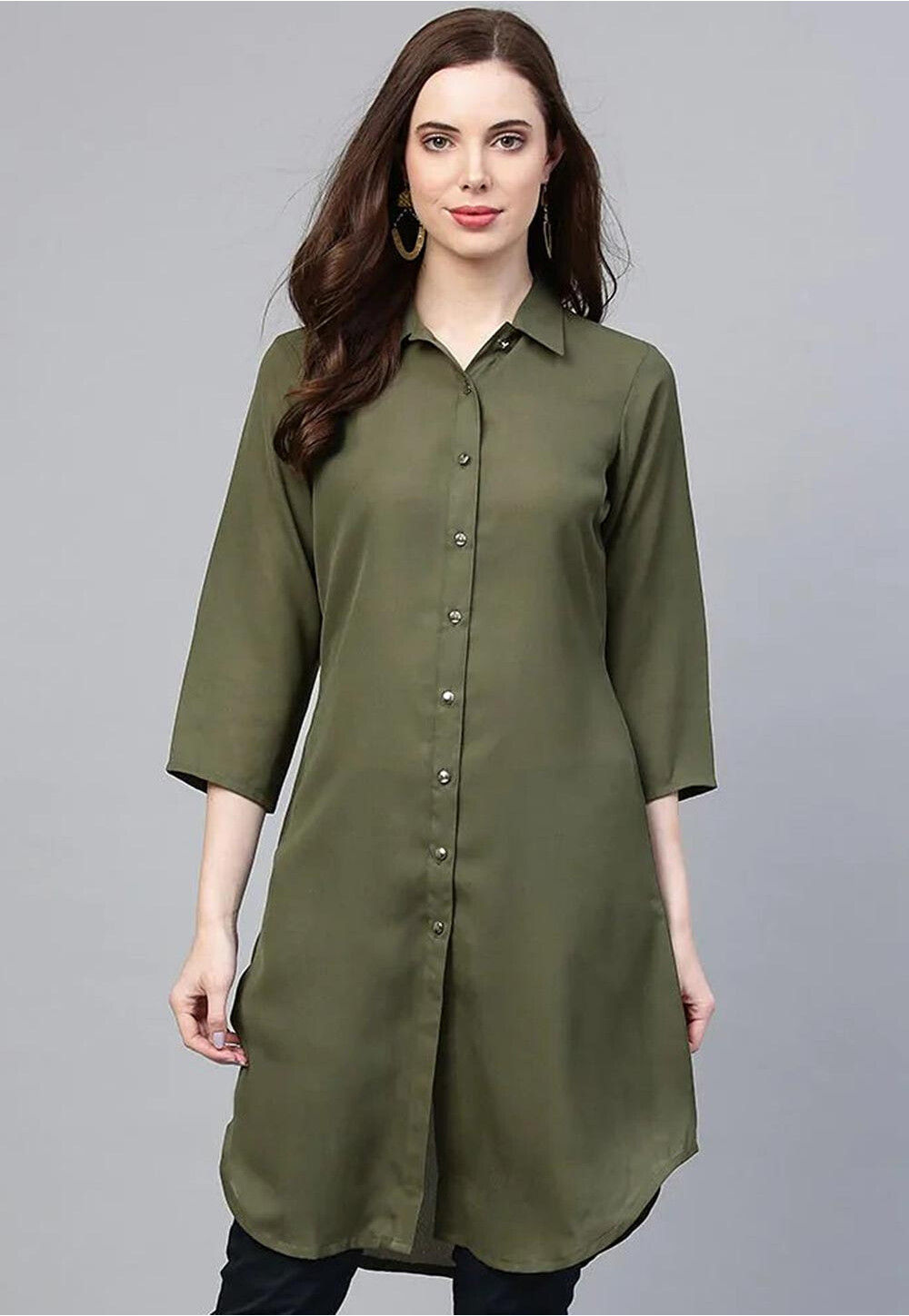 Buy Solid Color Polyester Shirt Style Top in Dark Olive Green Online :  TUV236 - Utsav Fashion