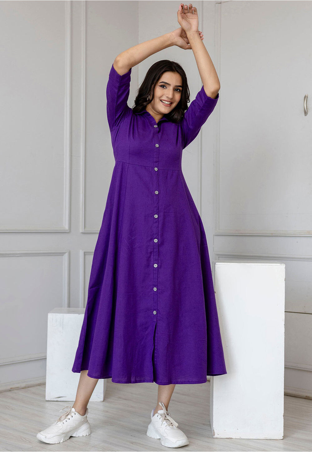 Solid Color Pure Cotton Midi Dress in Purple