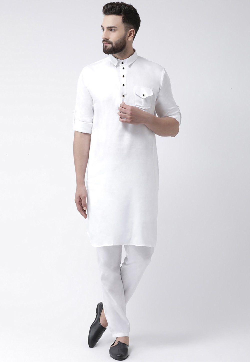 Solid Color Pure Cotton Pathani Suit in White : MKQ559