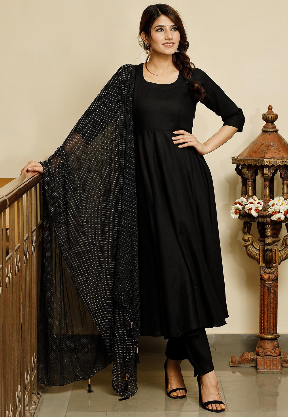 Black Anarkali Suit in Cotton with Printed - AS3392