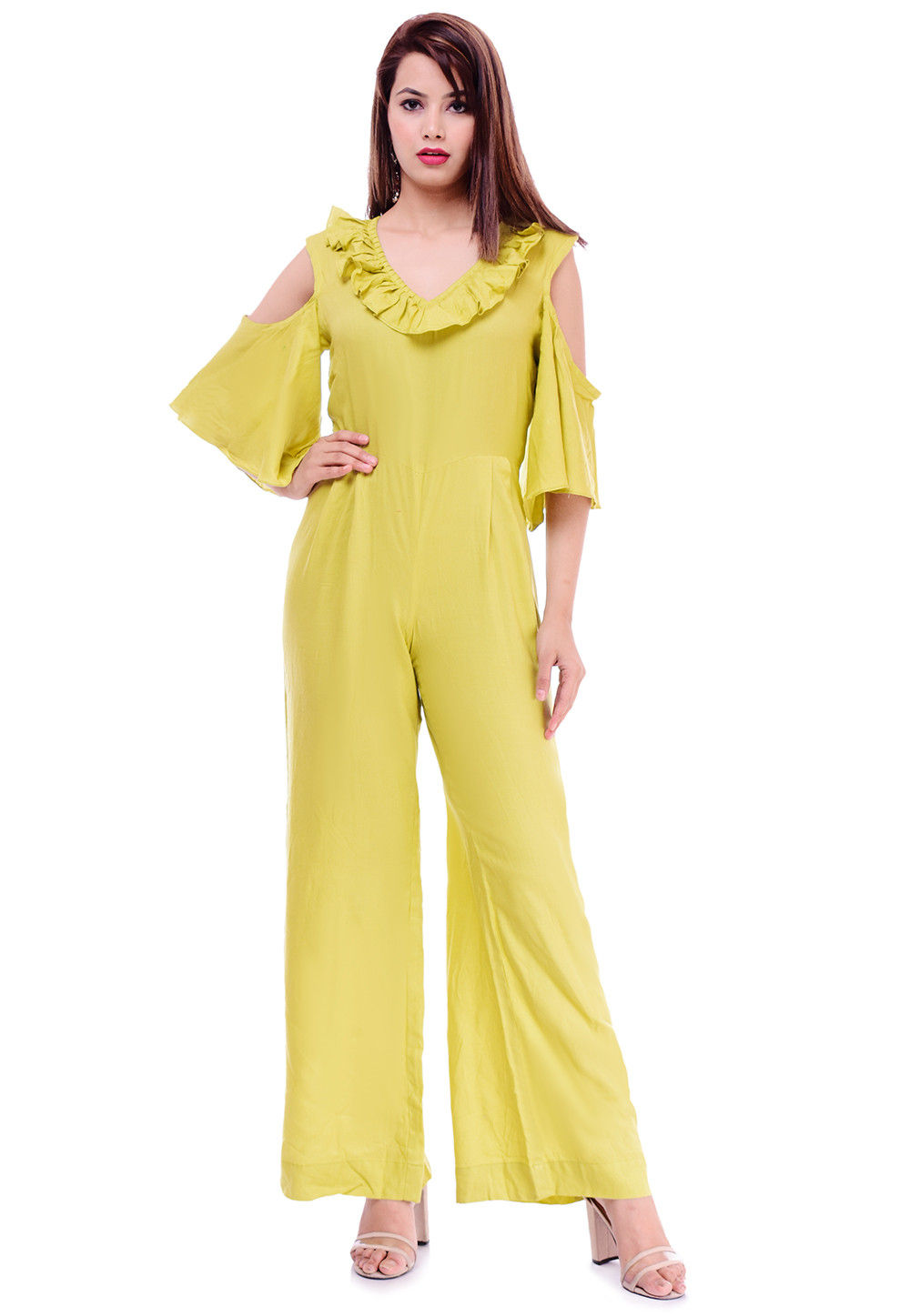 solid color rayon jumpsuit in neon green v1 tjw1096