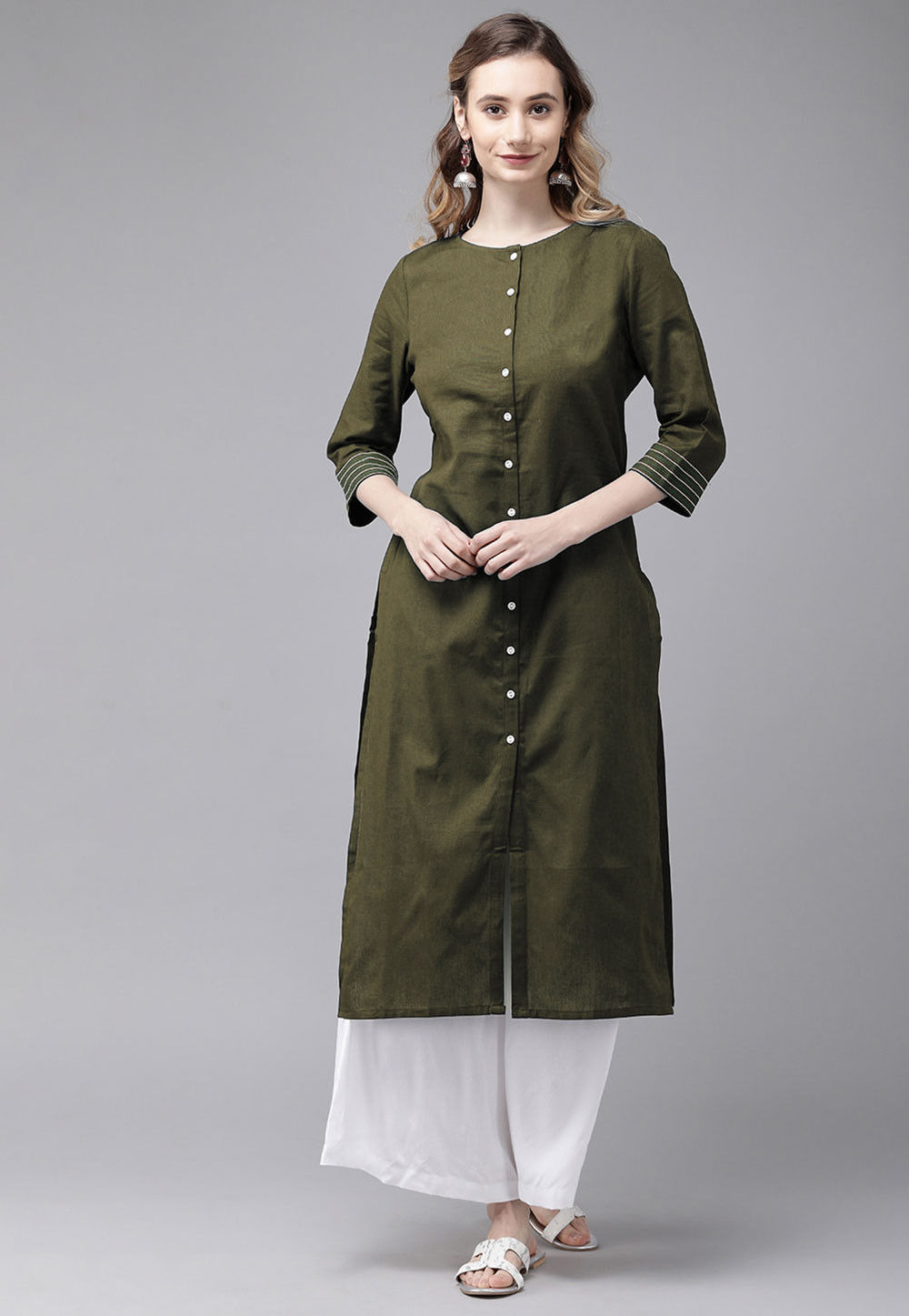 Buy Olive Green Pleated Kurta With Embroidery Online - W for Woman