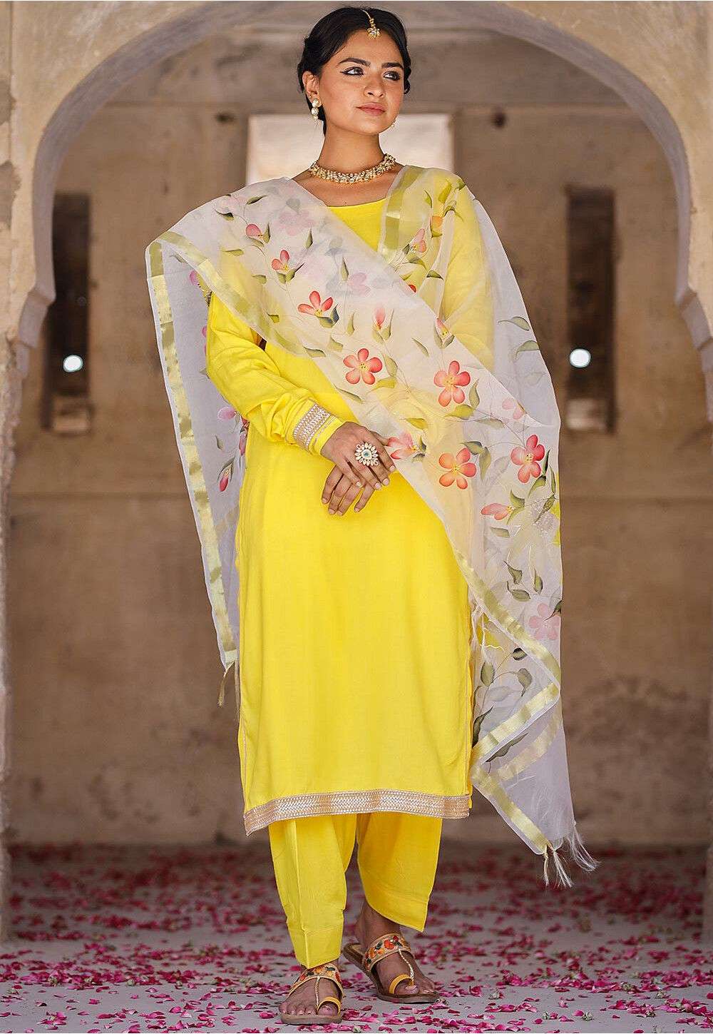 Yellow Punjabi Banarasi Silk Salwar Kameez and Yellow Punjabi Banarasi Silk Salwar  Suit Online Shopping