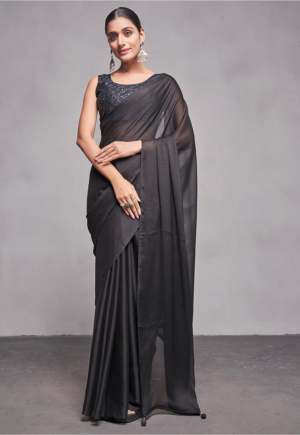 Solid Color Saree Buy Solid Color Satin Silk Saree in Black Online : SPF10221 - Utsav Fashion