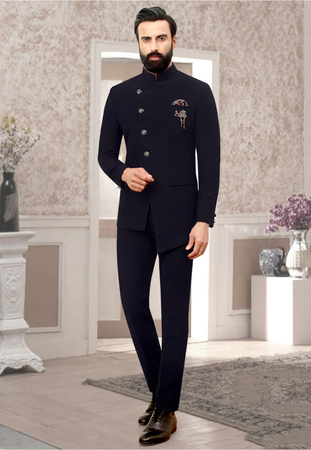 Buy Solid Color Terry Rayon Asymmetric Jodhpuri Suit in Navy Blue ...