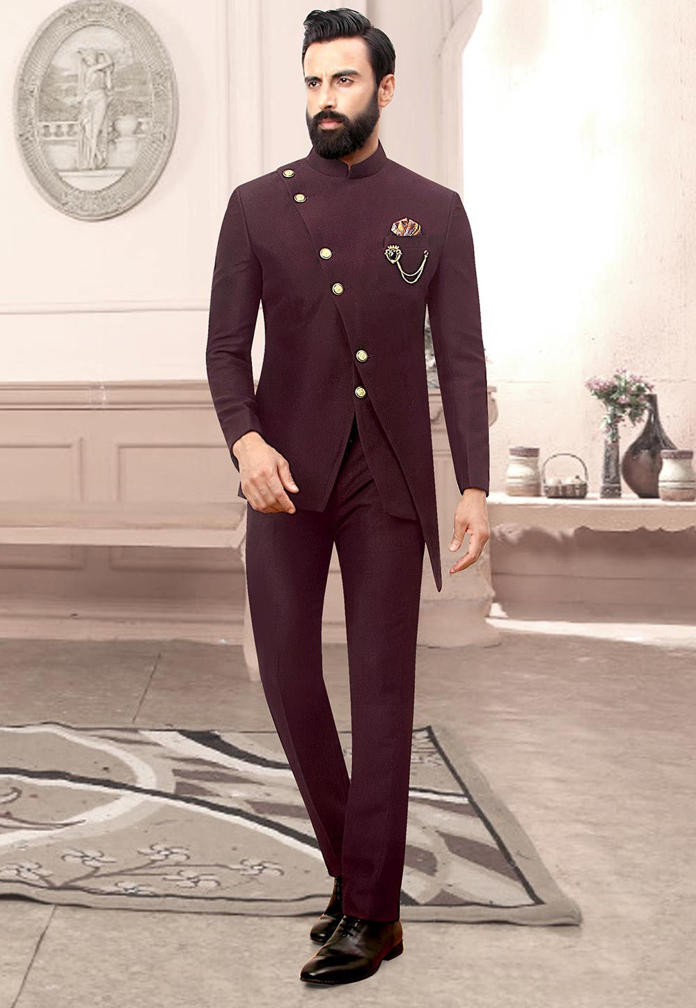 Buy Joley Poley Men's Jodhpuri Suit Polyester Viscose Blend Slim Regular  Fit 2-Piece Coat Suit with Pant Set (Maroon - 40) at Amazon.in