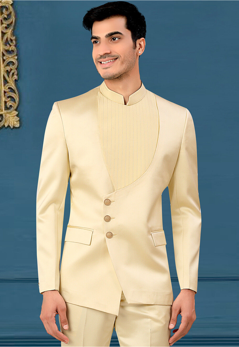 Solid Color Terry Rayon Jodhpuri Jacket in Light Beige MHG2156