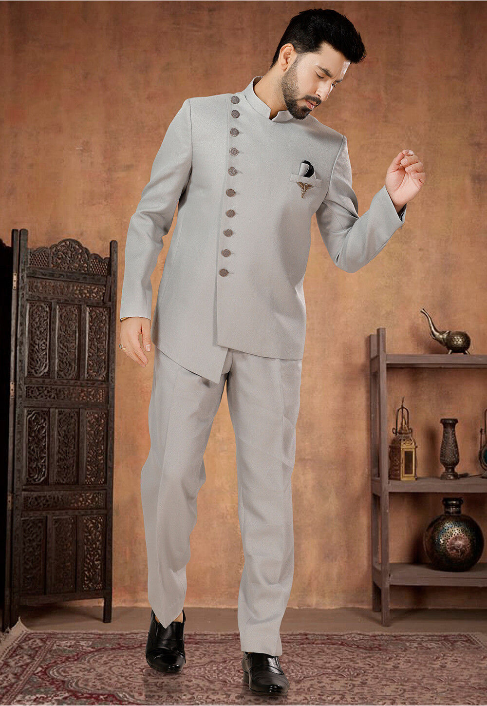 Buy Solid Color Terry Rayon Jodhpuri Suit in Grey Online MUY1650 Utsav Fashion