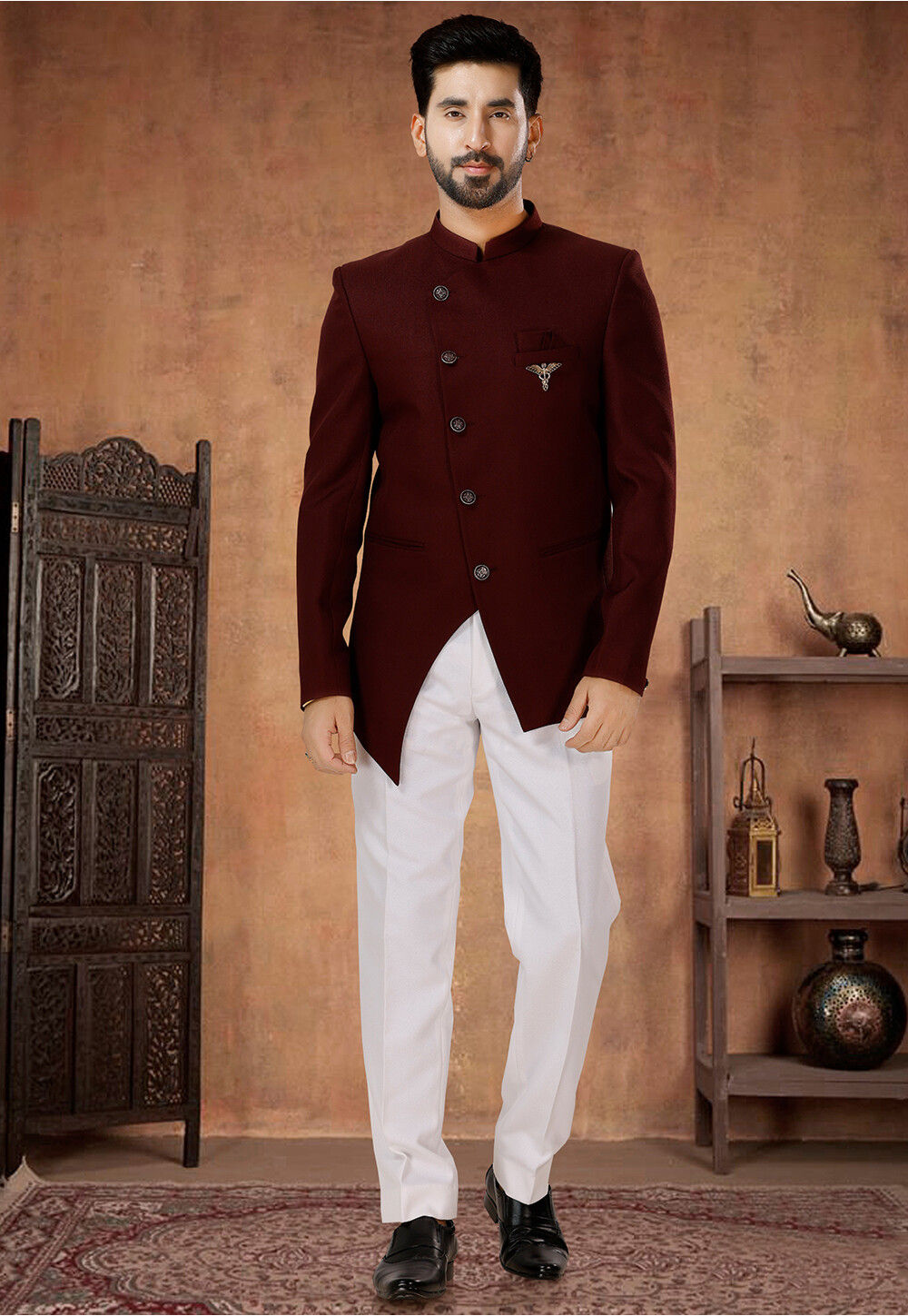 Buy Solid Color Terry Rayon Jodhpuri Suit in Maroon Online