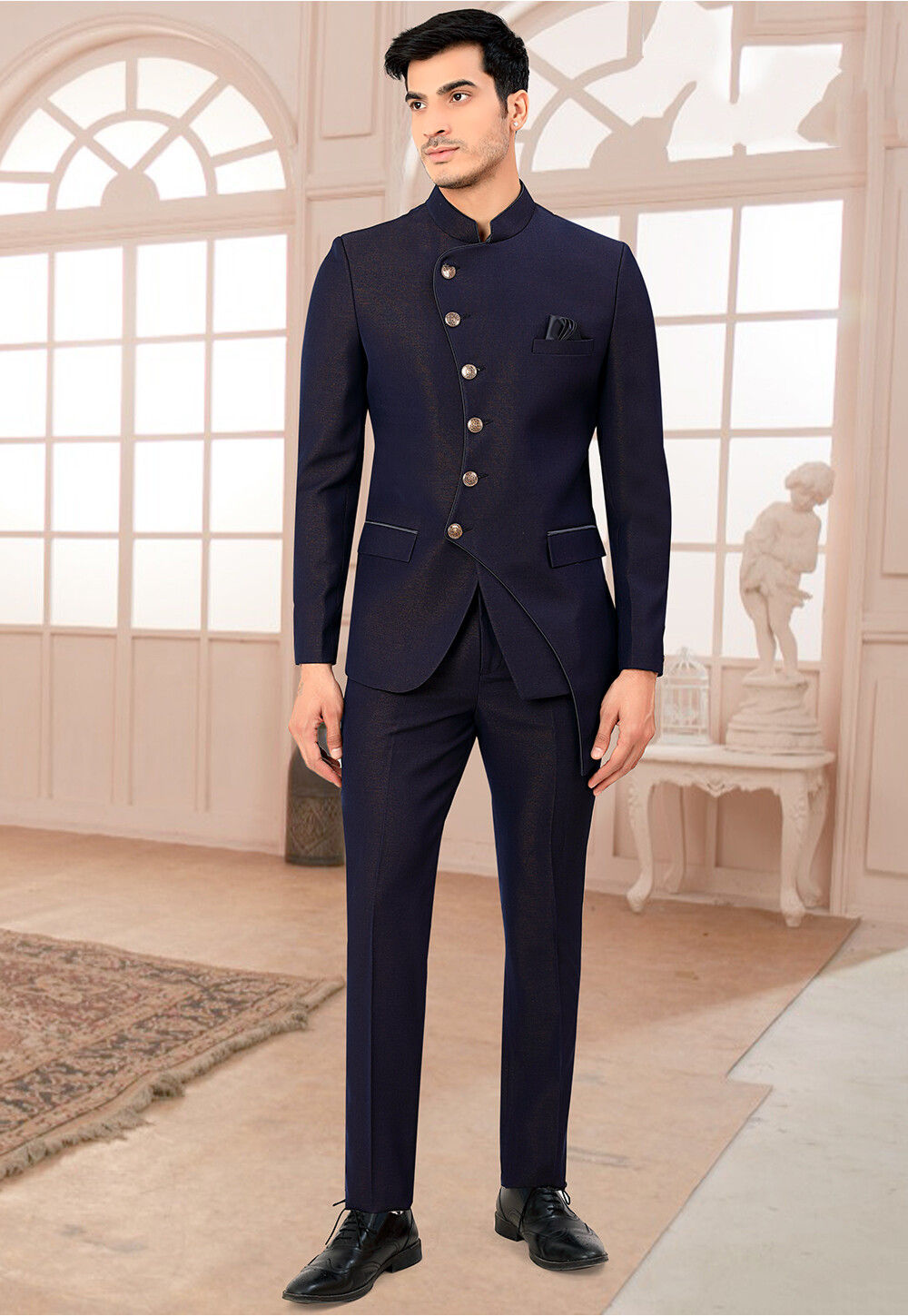 Designer Navy Blue Bandhgala Suit – Bonsoir