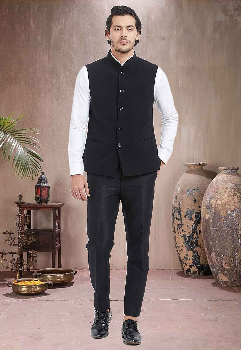 Buy Black Art Silk Nehru Jacket (NMK-5132) Online