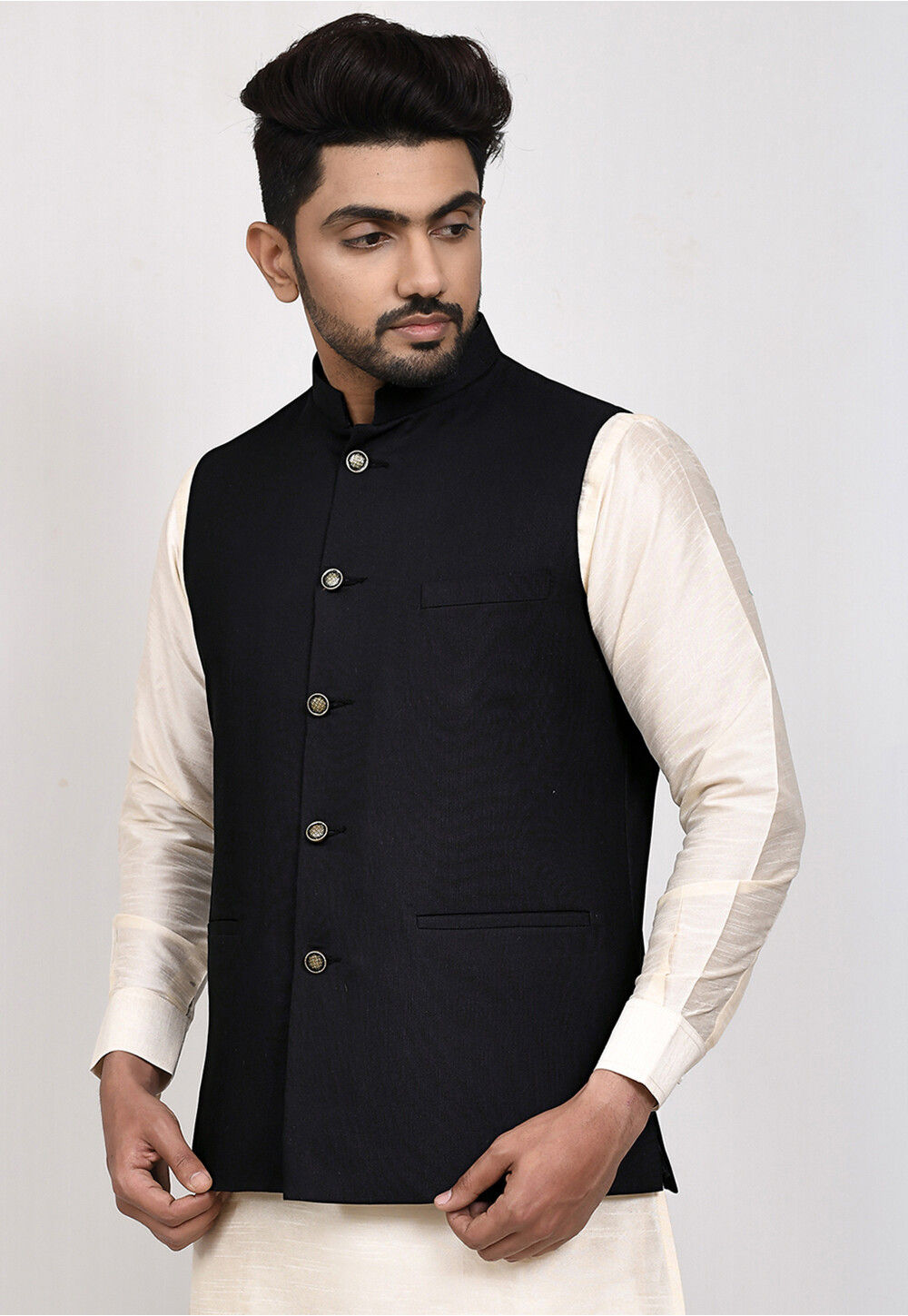 Solid Color Terry Rayon Nehru Jacket in Black