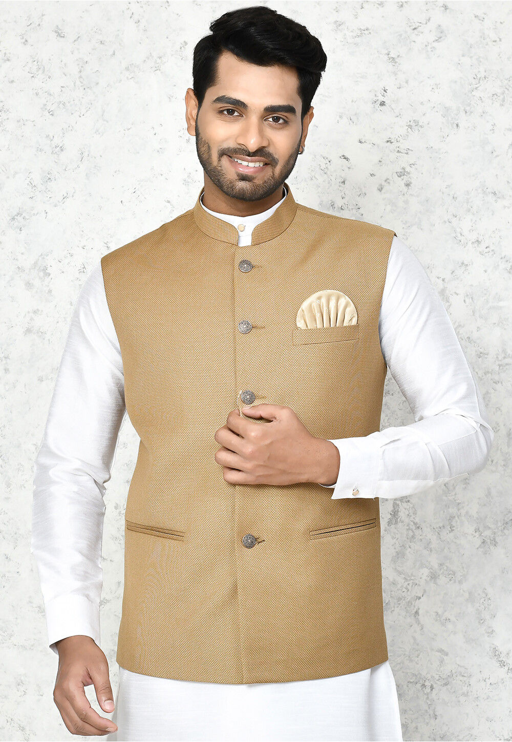 SHOWOFF Men's Woven Design Mandarin Collar Cream Nehru Jacket