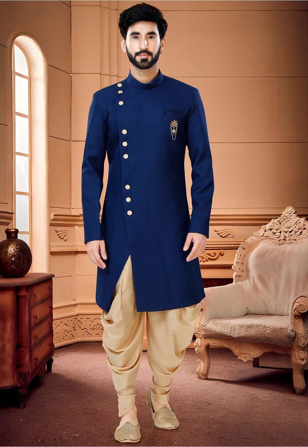Solid Color Terry Rayon Sherwani in Dark Blue