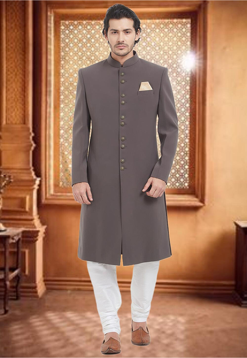 Buy Solid Color Terry Rayon Sherwani in Grey Online MNB859 Utsav Fashion