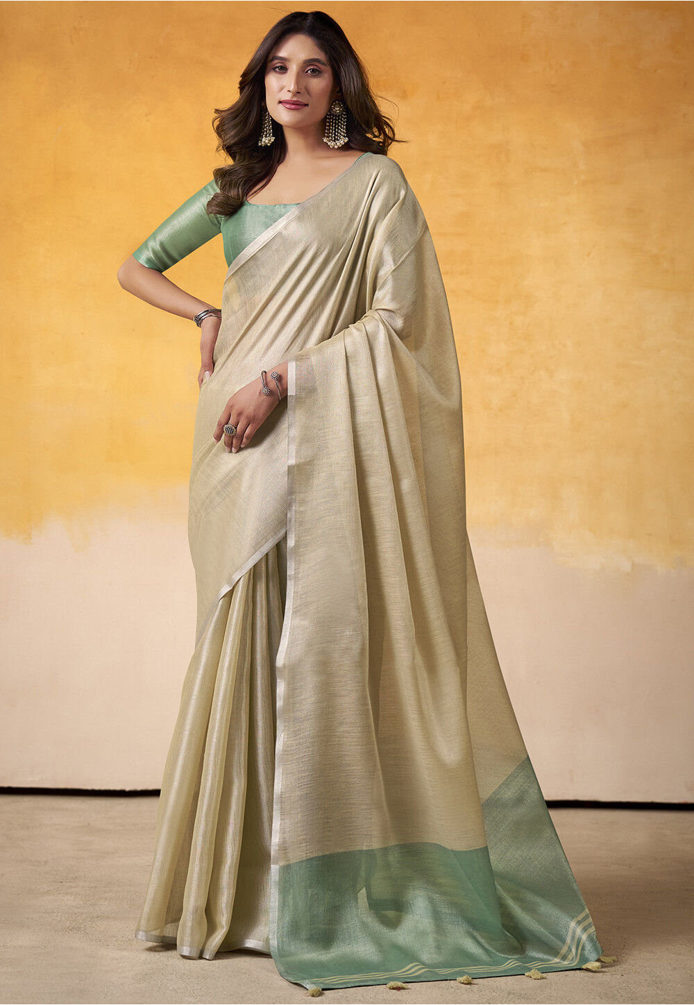 Beige Heavy Work Pure Tissue Silk Saree