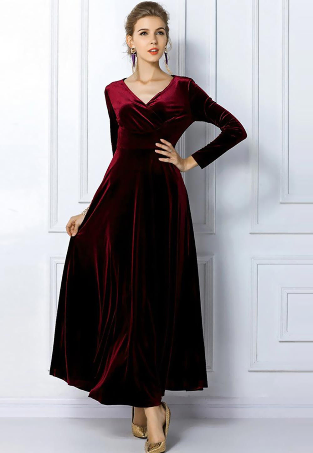 Solid Color Velvet Dress in Maroon : TVE502