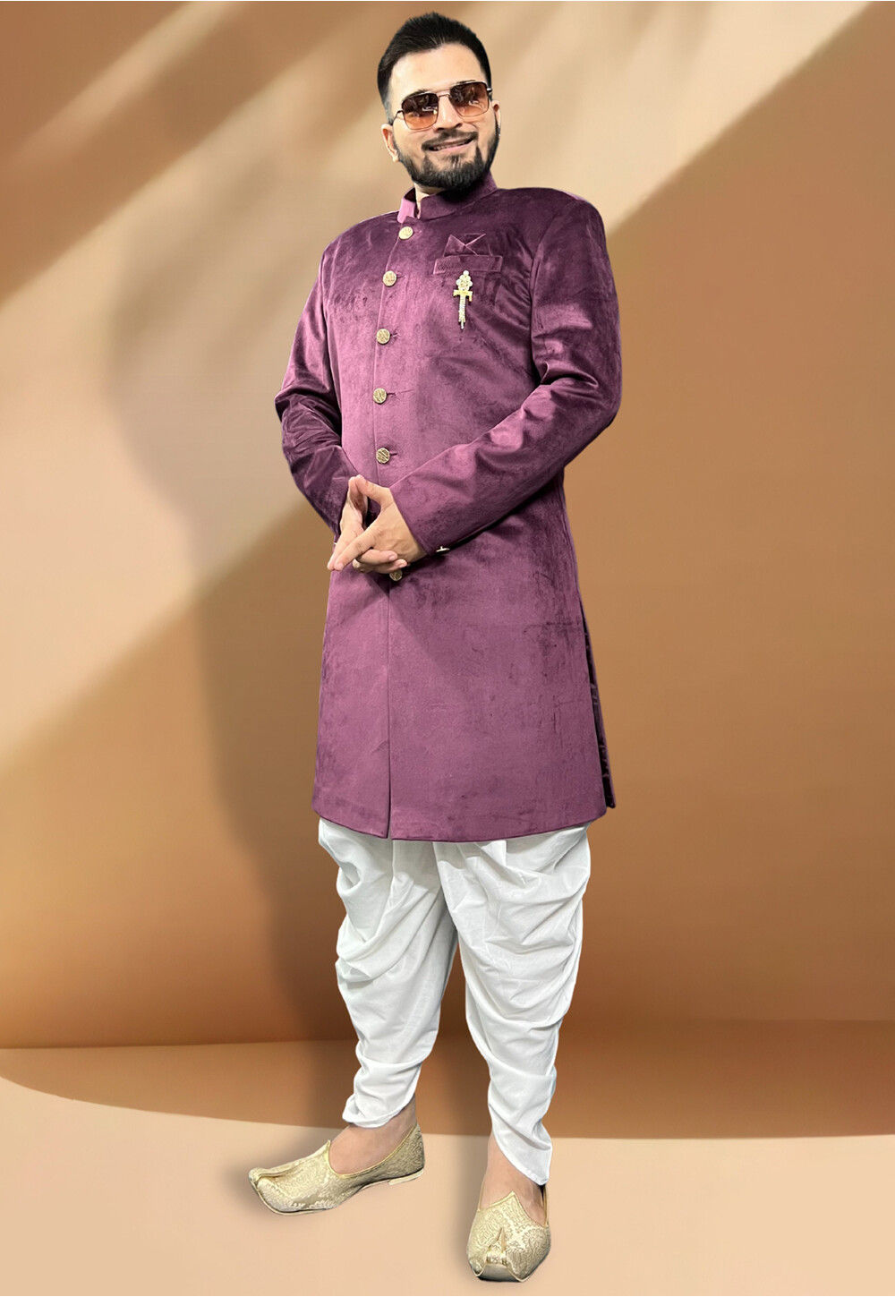 Solid Color Velvet Sherwani in Wine