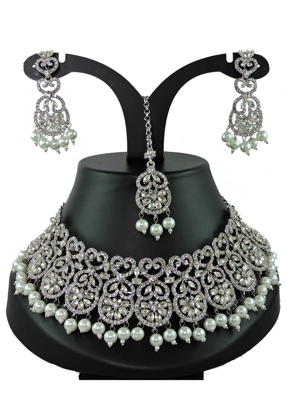 White Colour Stone Studded Choker Necklace Set - 6278