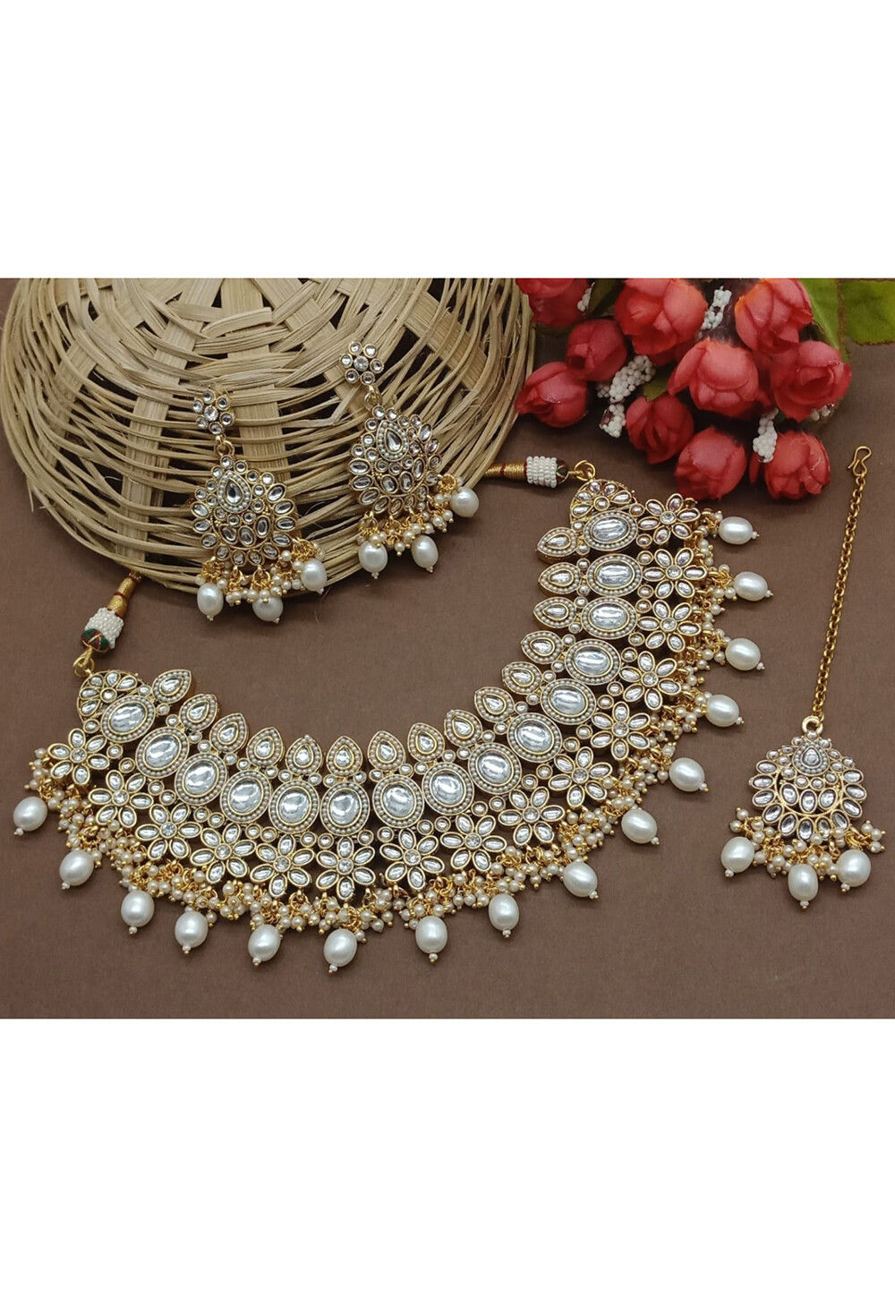 Golden Colour Stone Studded Choker Necklace Set - 6278 main image 0