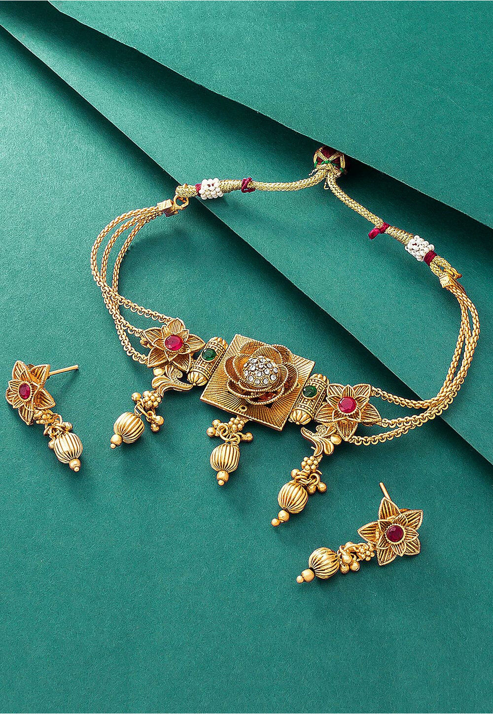 Stone Studded Golden Polished Choker Necklace Set JPM6410