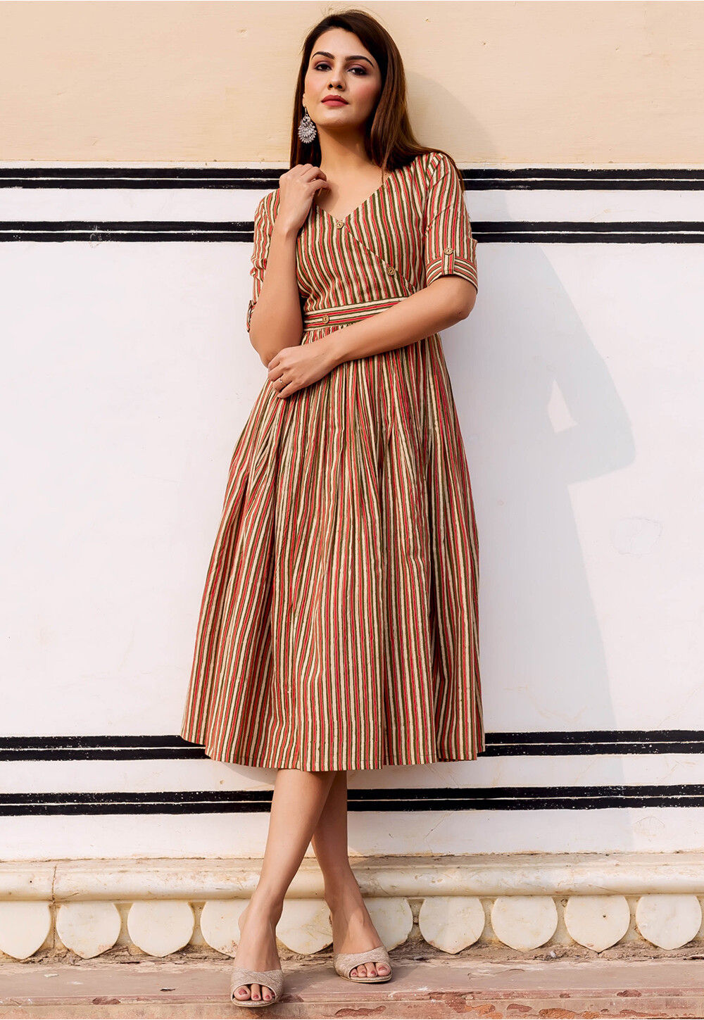 Buy Stripe Printed Cotton Fit N Flare Dress in Multicolor Online ...