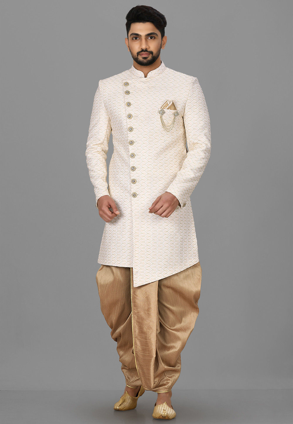 Buy Textured Polyester Asymmteric Dhoti Sherwani in Off white
