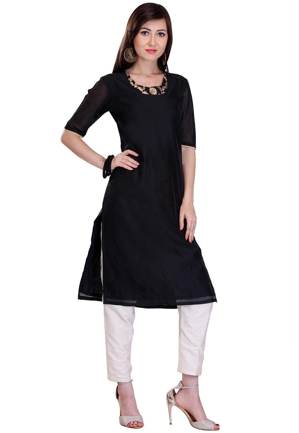 Plain Chanderi Silk Kurta in Black : THU1223