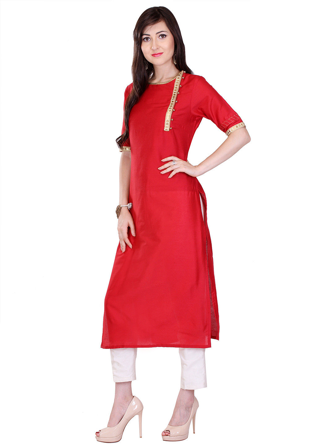 Plain Cotton Silk Kurta in Red : THU1325