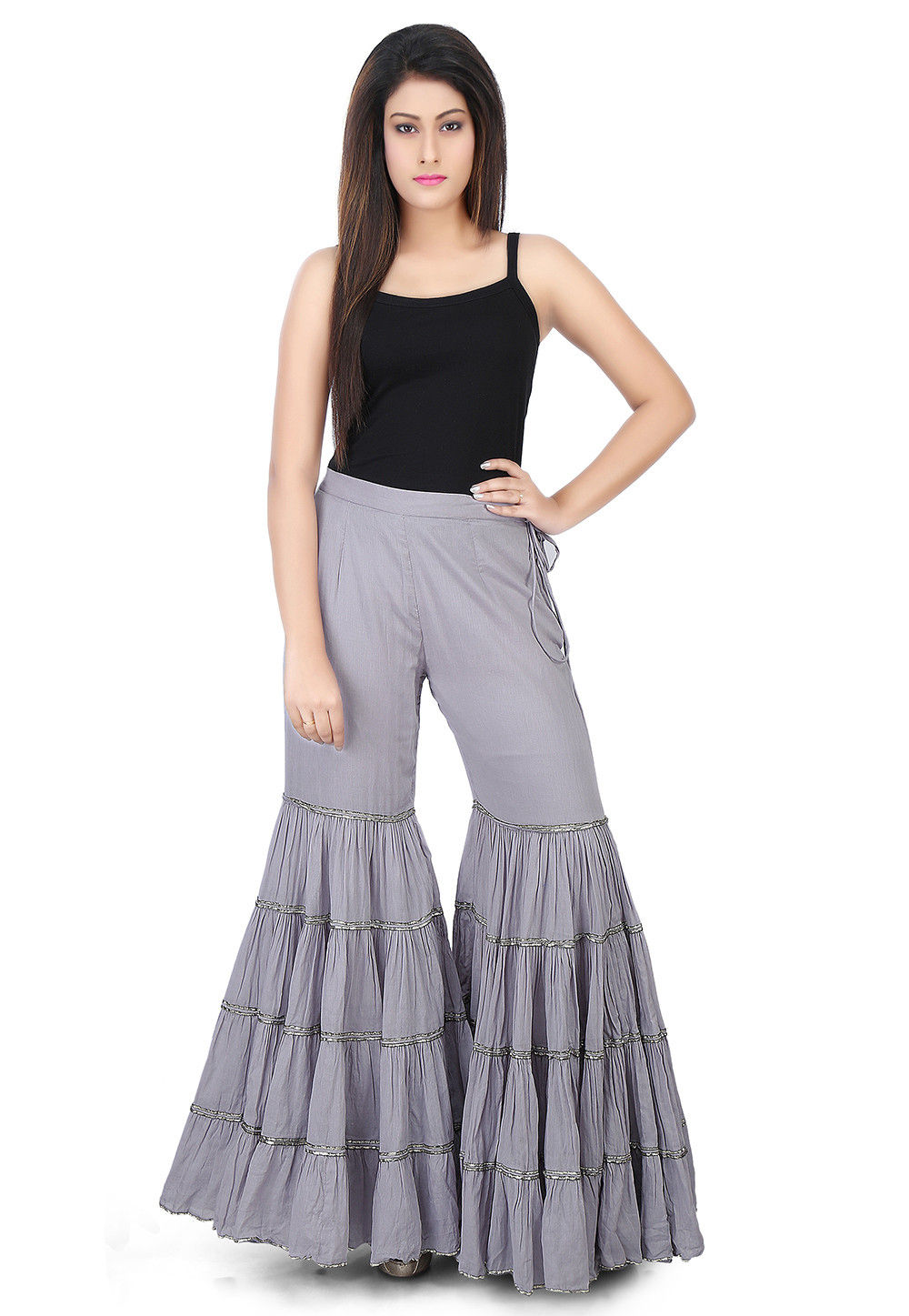 Plain Cotton Mulmul Sharara Style Pant in Grey : THU1395