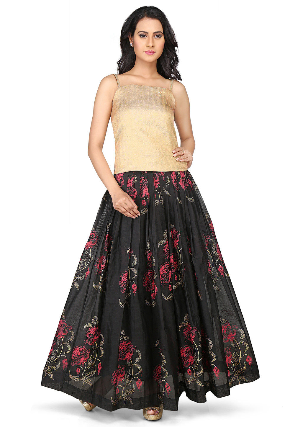 Buy Printed Chanderi Silk Long Skirt in Black Online : THU510 - Utsav ...