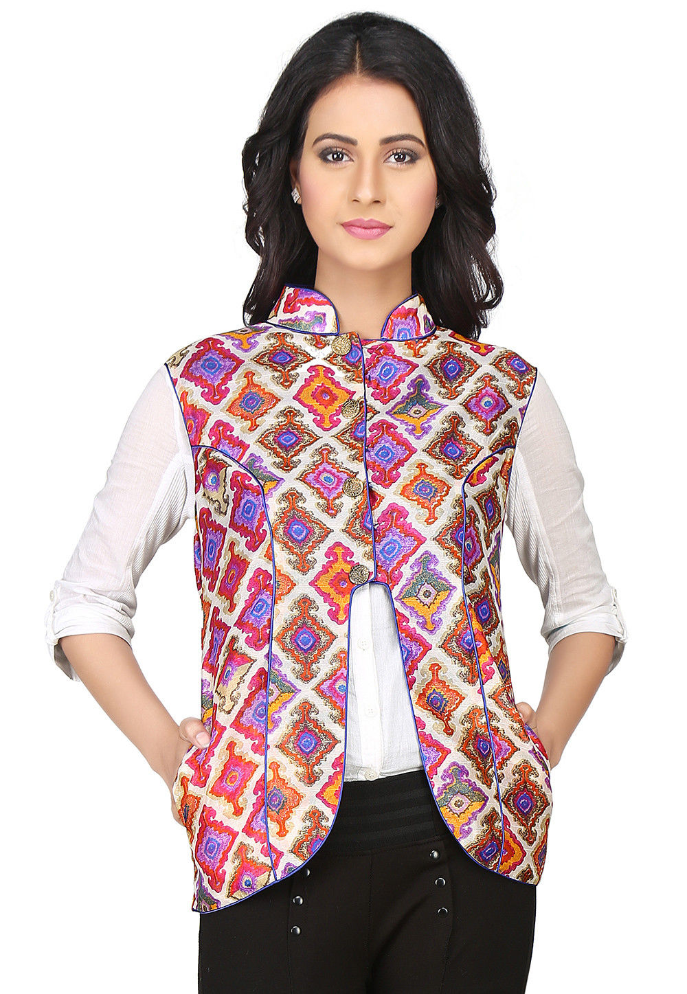 Printed Raw Silk Jacket in Multicolor : THU556